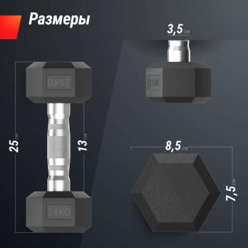 Гантель гексагональная UNIX Fit обрезиненная 2,5 кг, 2 шт.