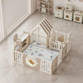 Манеж UNIX Kids DeLuxe House&Storage / Делюкс дом и стеллаж бежевый, 150 x 180 см, с игровым домиком, баскетбольной стойкой, доской для рисования, качелями + место для хранения игрушек